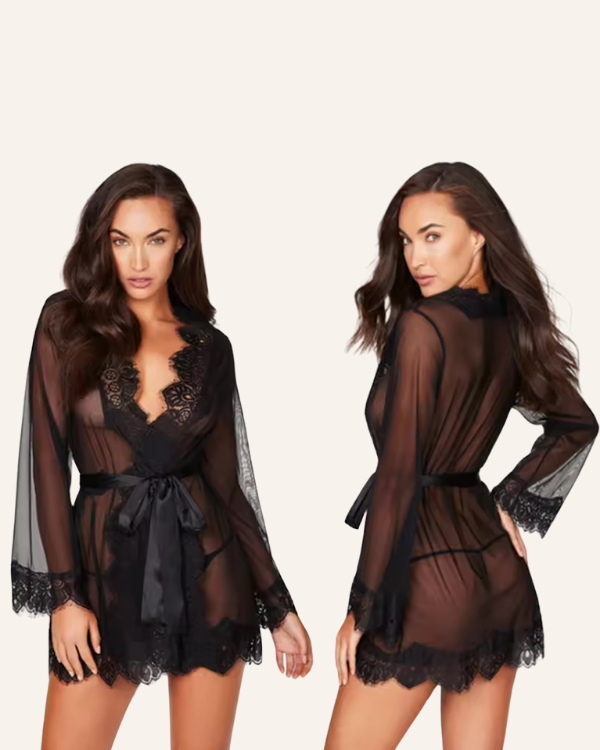 Damen Nachtwaesche Negligee Babydoll aus transparentem Spitzen Stoff in schwarz