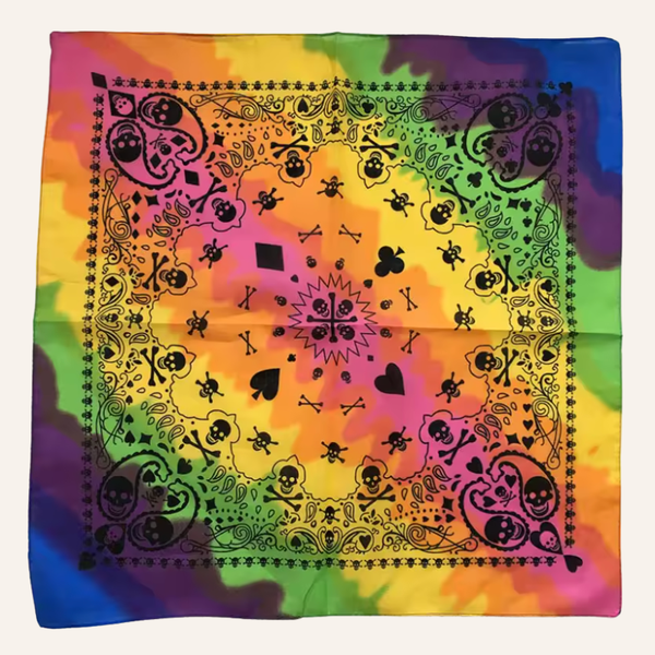 Rainbow Bandana Festival Tuch in Batik Farben mit Paisley und Totenkopf Print