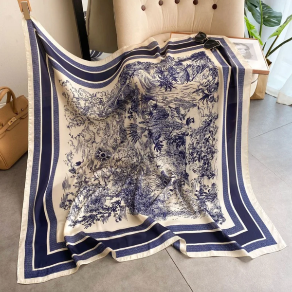 weiss-blauer Satin Seide FoulardTuch mit schöner Zeichnung