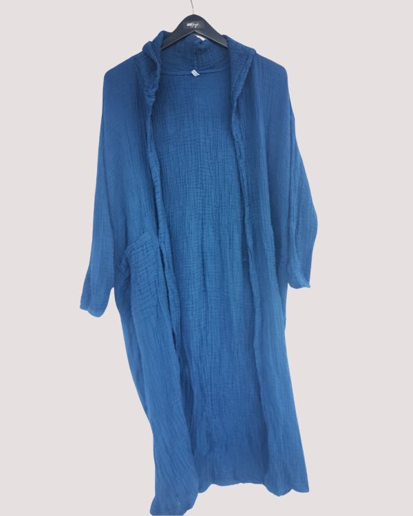 blauer langer Kapuzen Kimono für Damen und Herren 