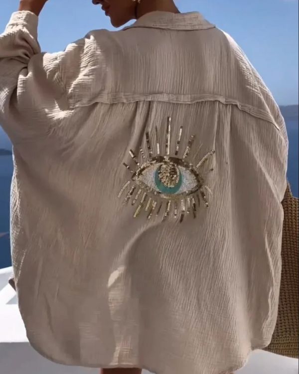 Beige Baumwolle Bluse aus Musselin Baumwolle mit Glitzer Pailletten Auge auf der Rückseite