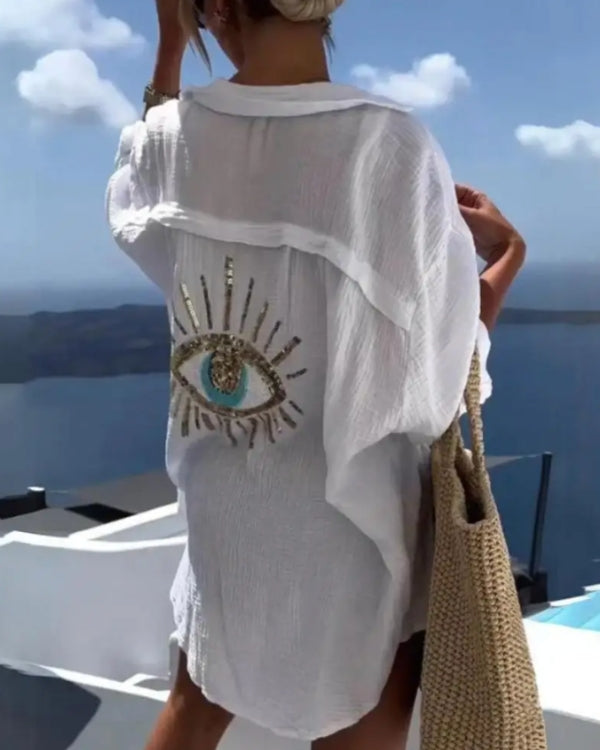 weisse lange Oversize Baumwolle Bluse mit Pailletten Drittes Auge auf der Rückseite