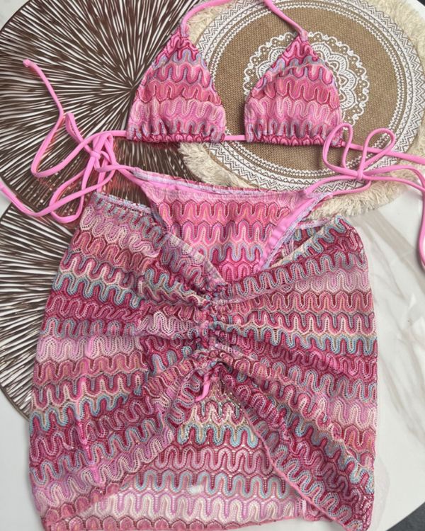 Pink Rosa Bademode Bikini Set aus Triangel Oberteil, Badehose und Cover-Up Rock 