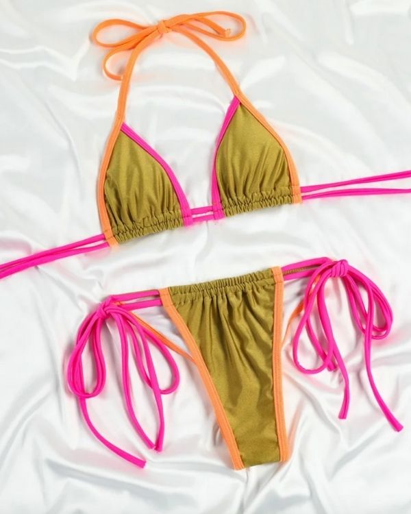 Grünes Bikini mit orangen Rändern und pinken Trägern zum binden - Farbiges Sommer Triangel Bikini Set 