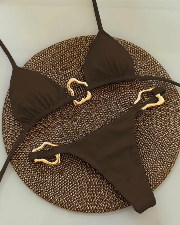 Brauner Triangel-Bikini mit Goldringen - eleganter Damen Bikini Bademode