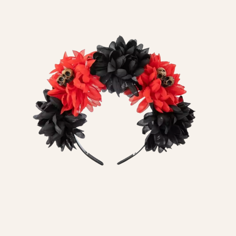 Schwarzer roter Blumenkranz mit Totenköpfen für Día de los Muertos