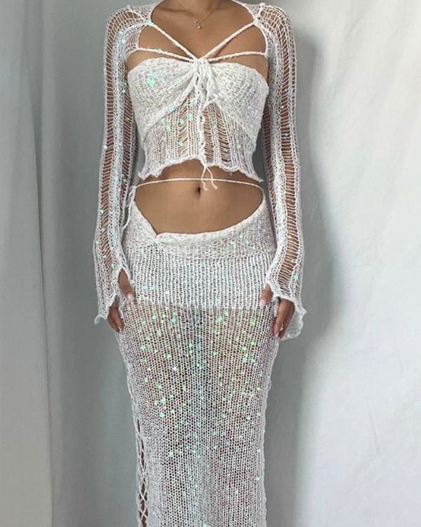 Weisses Festival Outfit Set - langer Häkelrock passendes Crochet Crop Top mit langarm Sleeves 