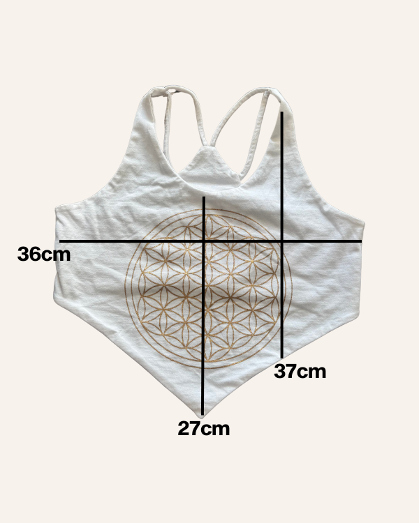 Grössendetails von weissem Top mit Spitze und goldener Lebensblume