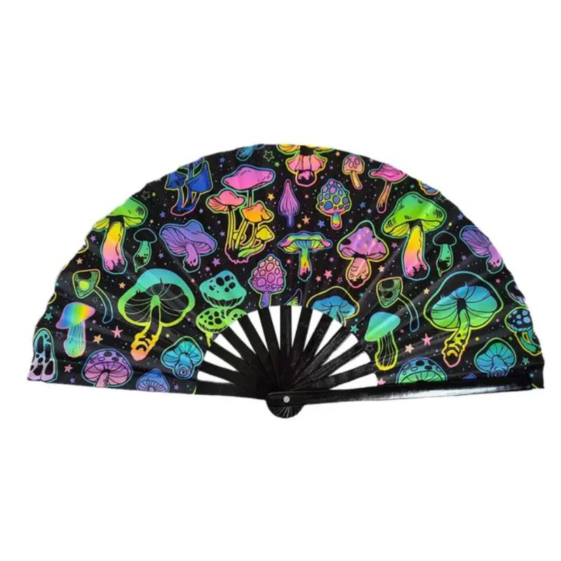 Grosser Magic Mushroom Fäc her in schwarz mit farbigen UV Pilz Motiven - Trippy Festival Fan