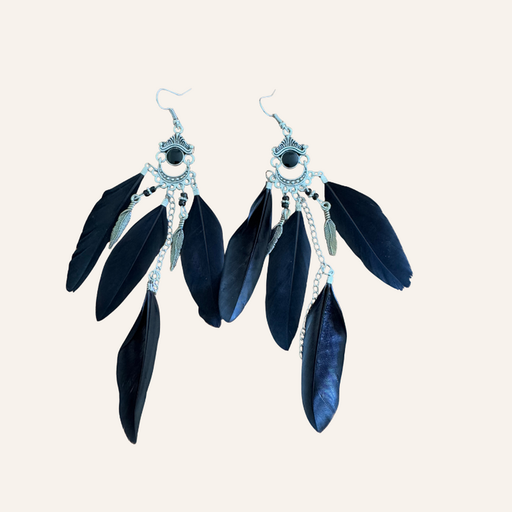 Boho Style Federohrringe Schwarz Modeschmuck