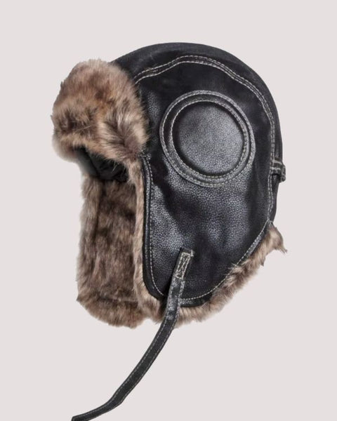 Unisex Fliegermütze Pilotenmütze mit Kunstfell und schwarzem Kunstleder - Mütze für Herren und Damen