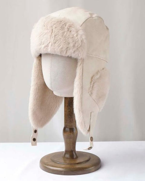 Fliegermuetze Wintermuetze, Hut mit Ohrenklappen in creme-weiss - Unisex Winterhut