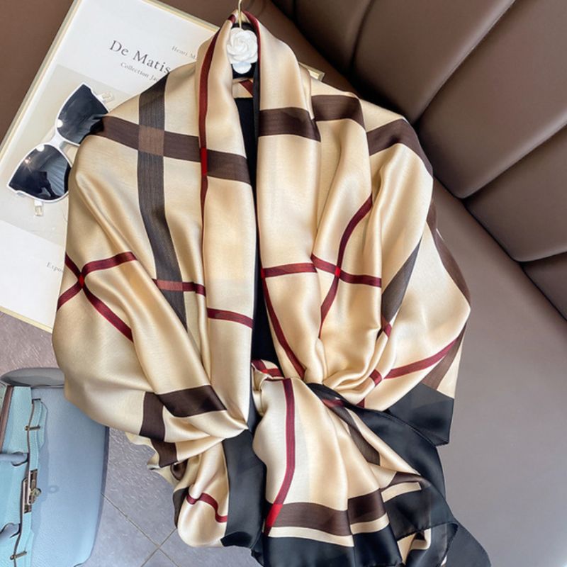 Beiges Damen Foulard Schal elegant in beige mit braunen Streifen - Multifunktionales Damen Foulard Tuch