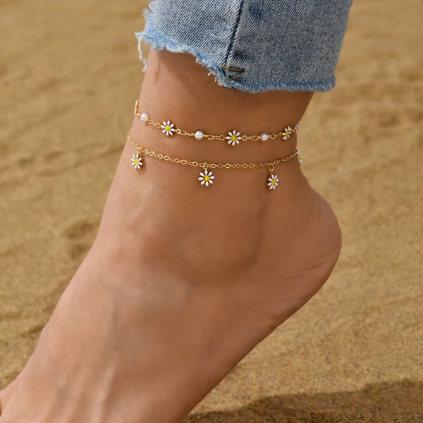 Fusskette mit Gänseblümchen in Gold und Weiss - Zartes Fussketten Set
