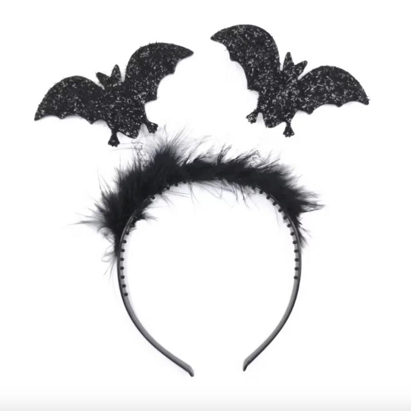 Grusel Haarreifen mit zwei Fledermaus Symbolen und Flausch in schwarz 
