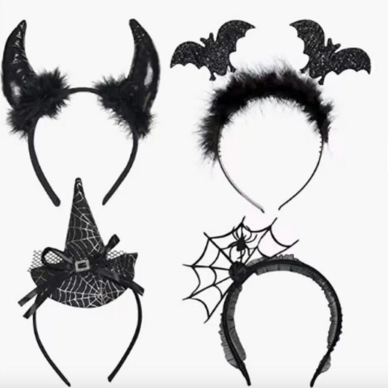 Halloween Haarreifen Haas Accessoires - Haarreifen mit Teufel Hörner, Fledermaus, Hexenhut und Spinnennetz 