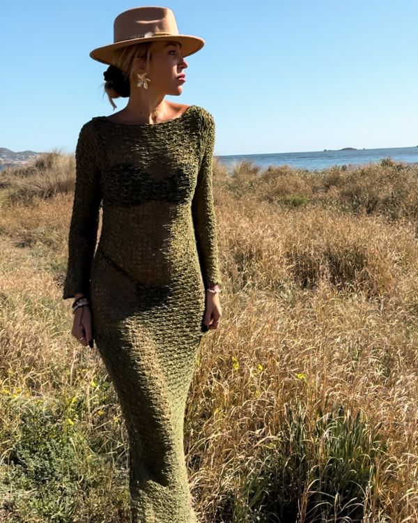 grünes Häkel Boho Kleid Sommerkleid mit offenem Rücken und langen Ärmeln 