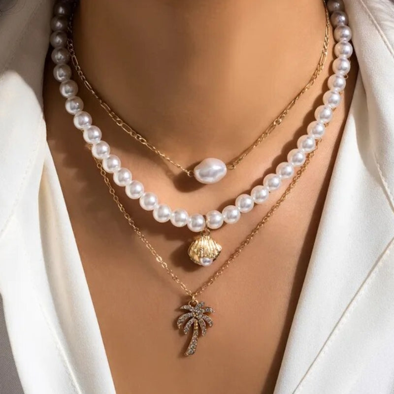 Modeschmuck Halskette Perlen Set aus Perlenkette und feiner Kette mit Glitzer Palmen Anhänger 