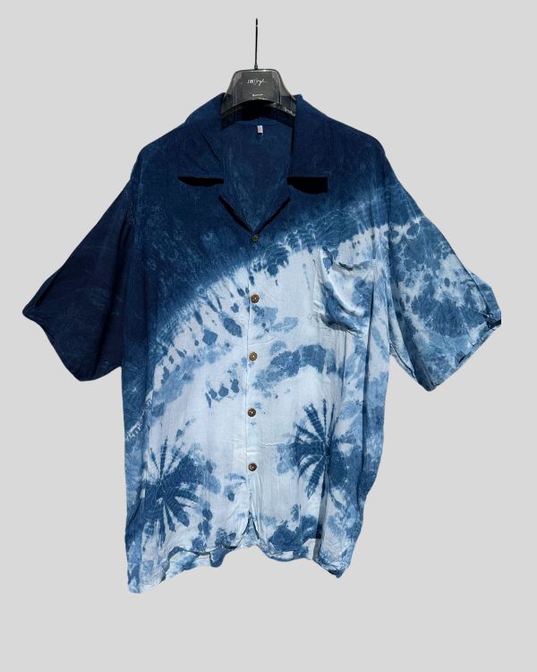 dunkelblaues Boho Herren Hemd im Batik Tie Dye Look - Indigo Blaues Männer Hemd Bluse 