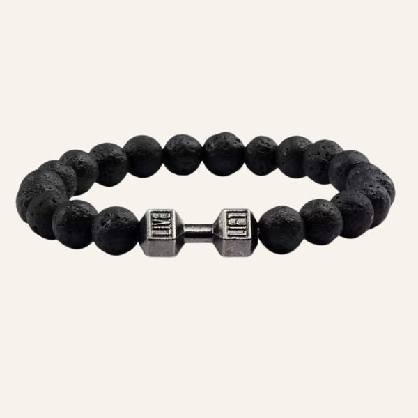 schwarzes Vulkansteine Perlen Armband mit Hantel Symbol in silber - Unisex Armband für Sie und Ihn