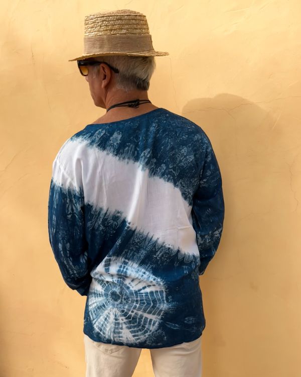 Herren Batik Tie Dye Shirt langarm in schönem Indigo blau-weiss 