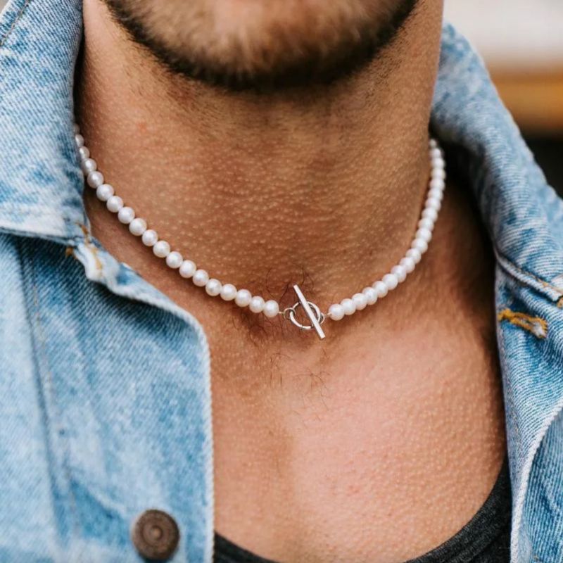 Männer Perlen Halskette mit T-Verschluss - Modeschmuck Herren Perlenkette 