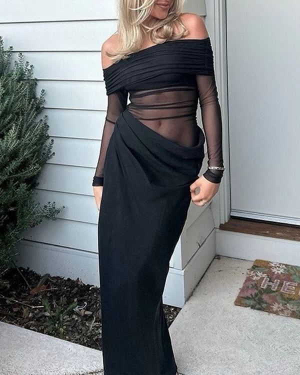 sexy elegantes Damen Schulterfreies Kleid mit Mesh Stoff