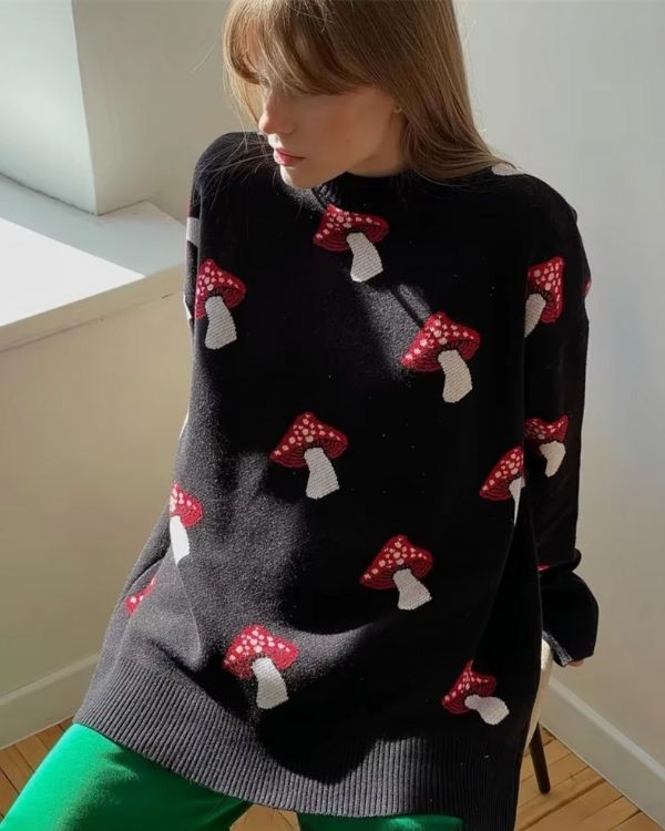 Trend Pilz Pullover in schwarz mit roten Mushrooms