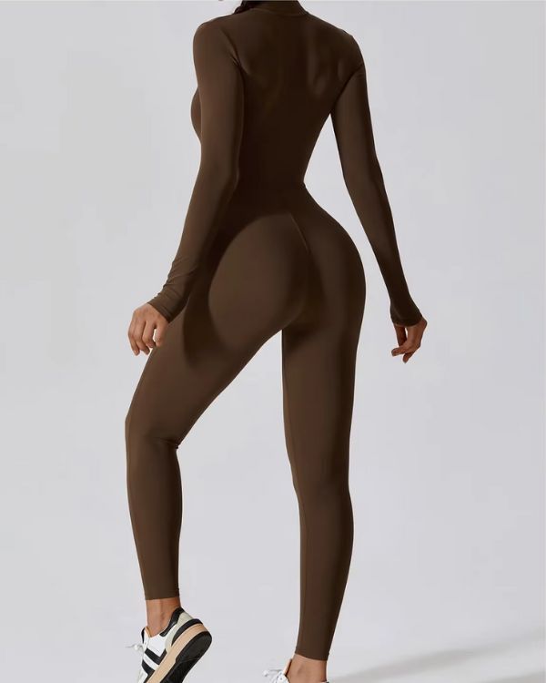 brauner Damen Jumpsuit Einteiler langarm mit Fleece Innenfutter - Perfekt für unter den Skianzug