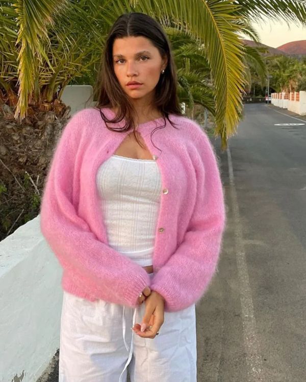 Rosa Flauschige Strickjacke Cardigan für Damen