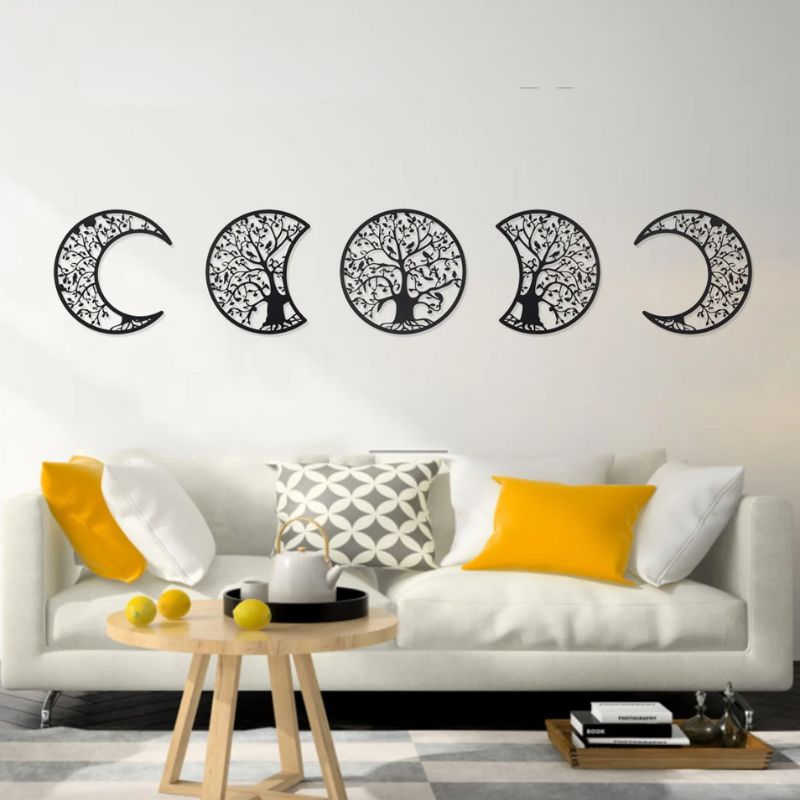 Wandbehang Dekoration Kreise Mondphase mit Baum Symbol Umriss | Umriss Linien Kunst für dein Zuhause 
