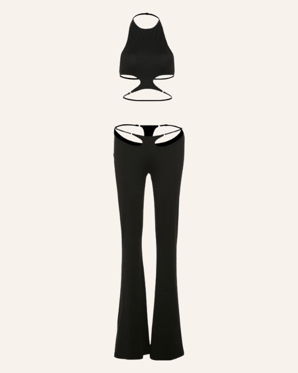 Damen Fashion Set schwarz Cut-Out Style | lange Flare Hose mit String Tanga im Bund und Crop Top