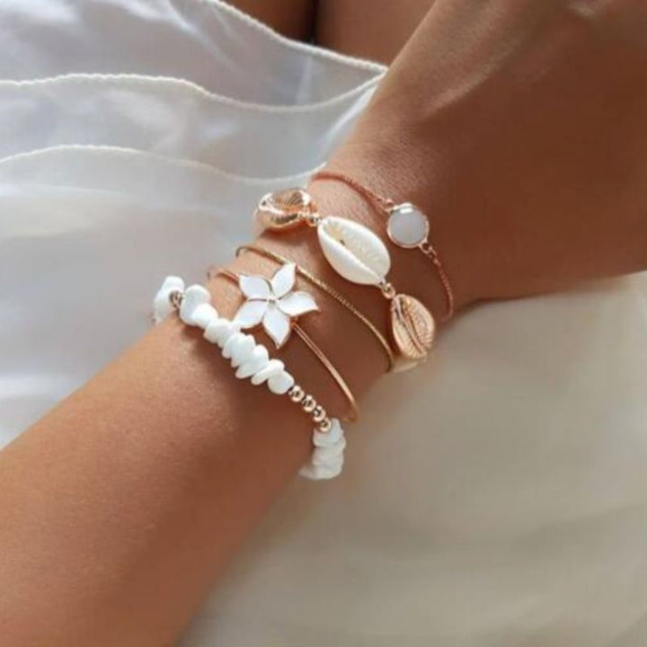 Armketten Set fuer Handgelenk - Armbaender Modeschmuck mit Blumen und Muschel Symbolen 