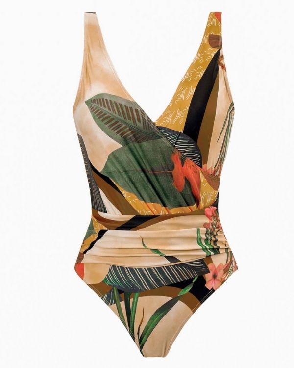 Vintage Badekleid Badeanzug Damen mit Blumen und Blaetter Muster Prints