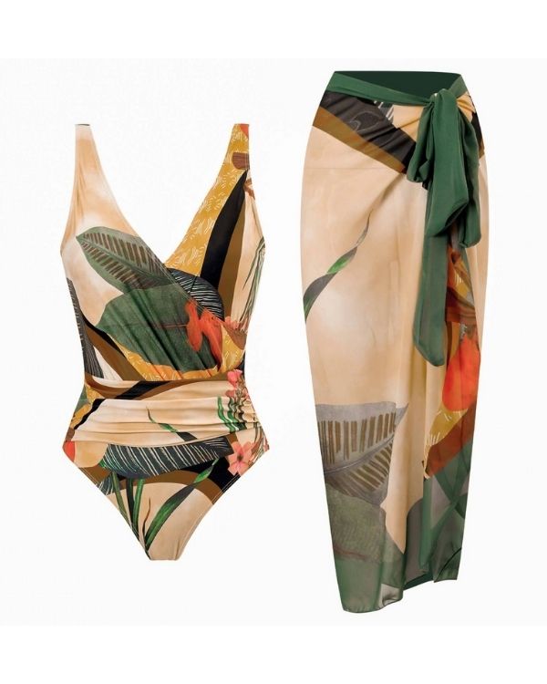 Vintage Aesthetic Badeanzug mit passendem langem Wickelrock Pareo in gruen beige braun gemischt