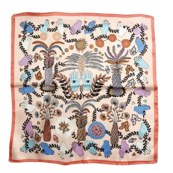 Quadratisches Tuch mit vielen spirituellen Symbolen wie Haende, Augen und Pflanzen - Vintage Retro Style Kopftuch, Foulard Halstuch und mehr