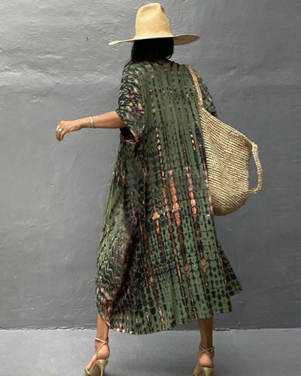 Dunkelgruener Damen Boho Kimono im Batik Tie Dye Look