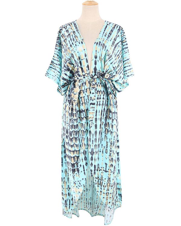 Tuerkis brauner Damen Kimono mit halblangen Aermeln und lockerem Oversized Schnitt