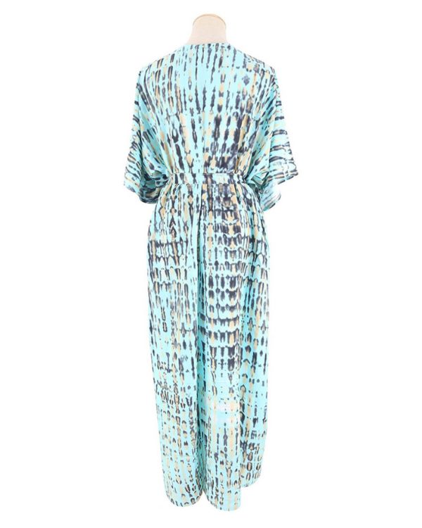 Tuerkis brauner langer Kimono mit Batik Tie Dye Mustern