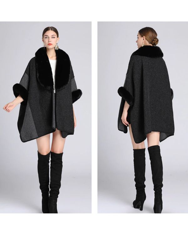 Schwarzer eleganter Damen Poncho Cape mit Kunstfell Kragen
