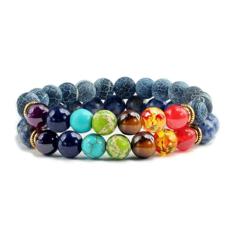 Chakra Farben Armband mit blauen Naturstein Perlen - Modeschmuck Unisex fuer Handgelenk