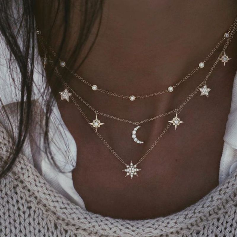 Halsketten Multi Choker Set aus 3 feinen Ketten mit Glitzer Mond und Stern Anhaenger