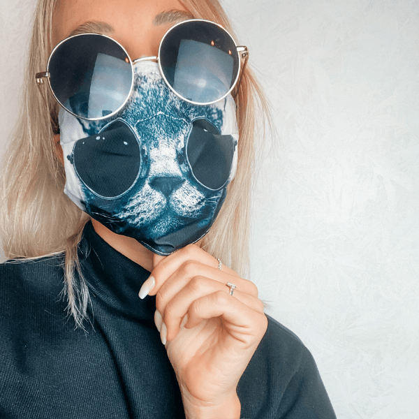 Stoffmasken mit Psychedelic Goa Spirituellen Katzen Motiven | Mundschutz mit schwarz-weiss Katze mit Sonnenbrille