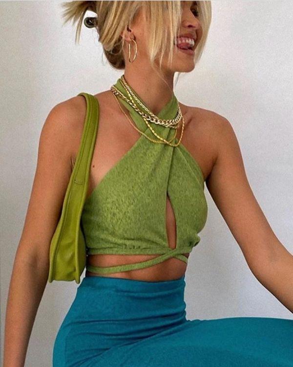 Gruenes Neckholder Crop Top zum binden - Nackentop Bandage Top Fashion Style online bestellen