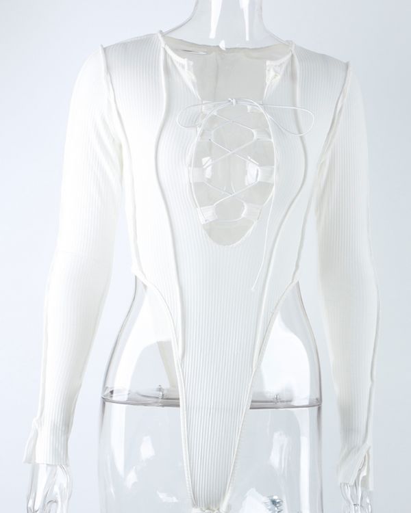 weisser High-Waist Bodysuit mit tiefem Ausschnitt und Schnuerrung 