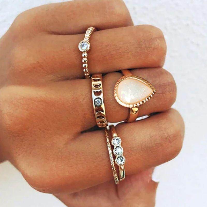 Modeschmuck Fingerringe Sets gold mit Mondstein - Boho Ring Sets online kaufen