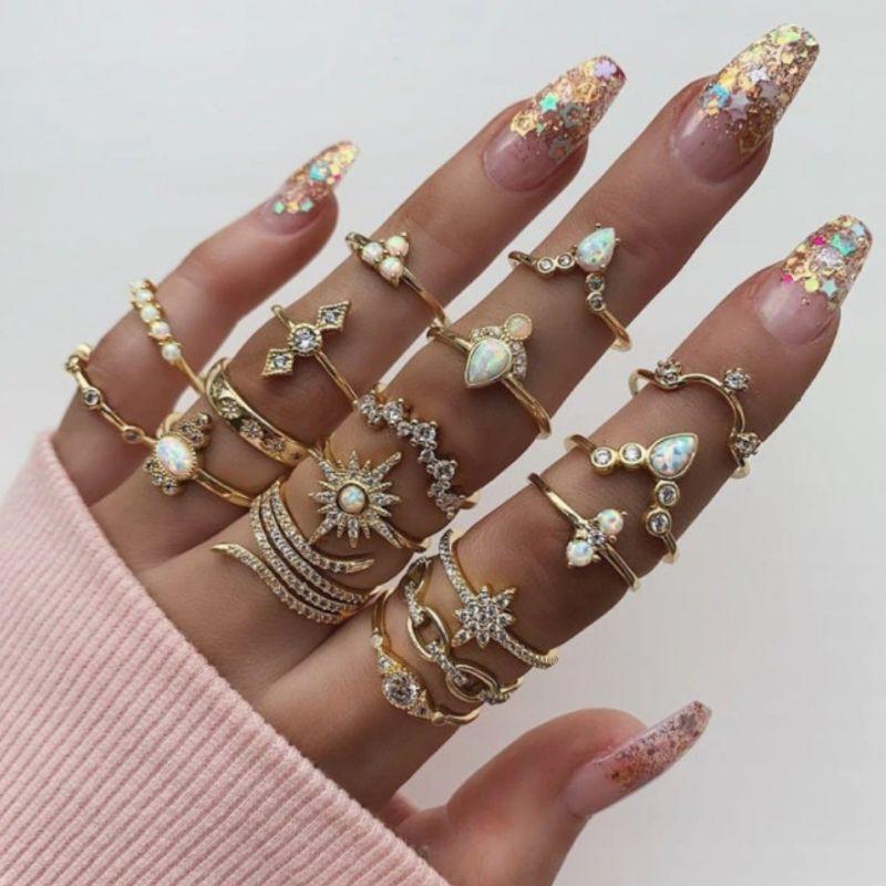 Glitzer Boho Ringset Fingerringe Modeschmuck mit Opalsteinen Edel Steinen und Glitzer Steinen