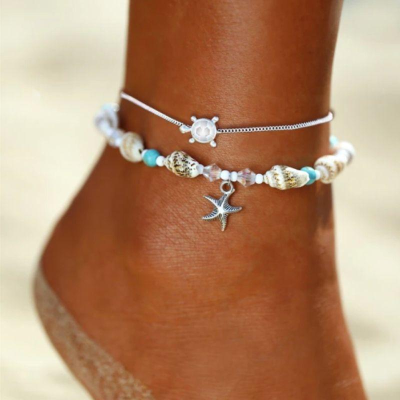 Fusskette aus Muscheln und Perlen - Muschelkette Schmuck mit Seestern und Schildkroete