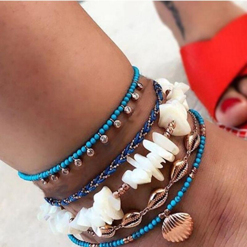 Boho Beach Style Fussketten Set mit Muschel Anhängern in gold und 5 diversen Fusskettchen