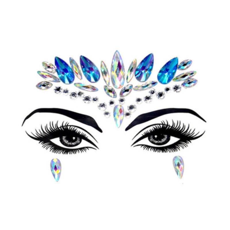 Silber Blaues Glitzersteine Set zum im Gesicht aufkleben - Selbstklebendes Festival Make-Up